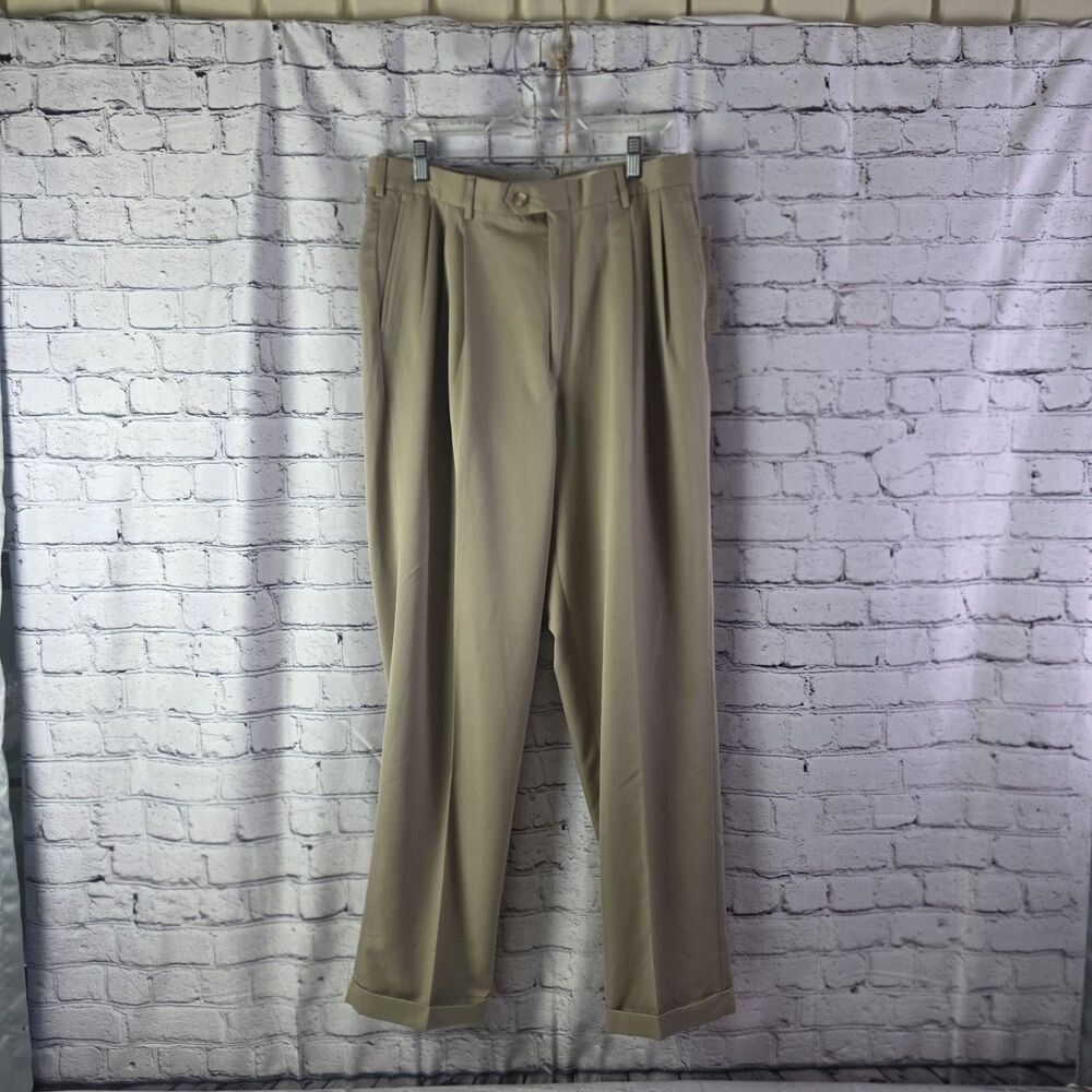 Bill Blass Men's Lido 34x32 Beige Pleated Microfiber Pants